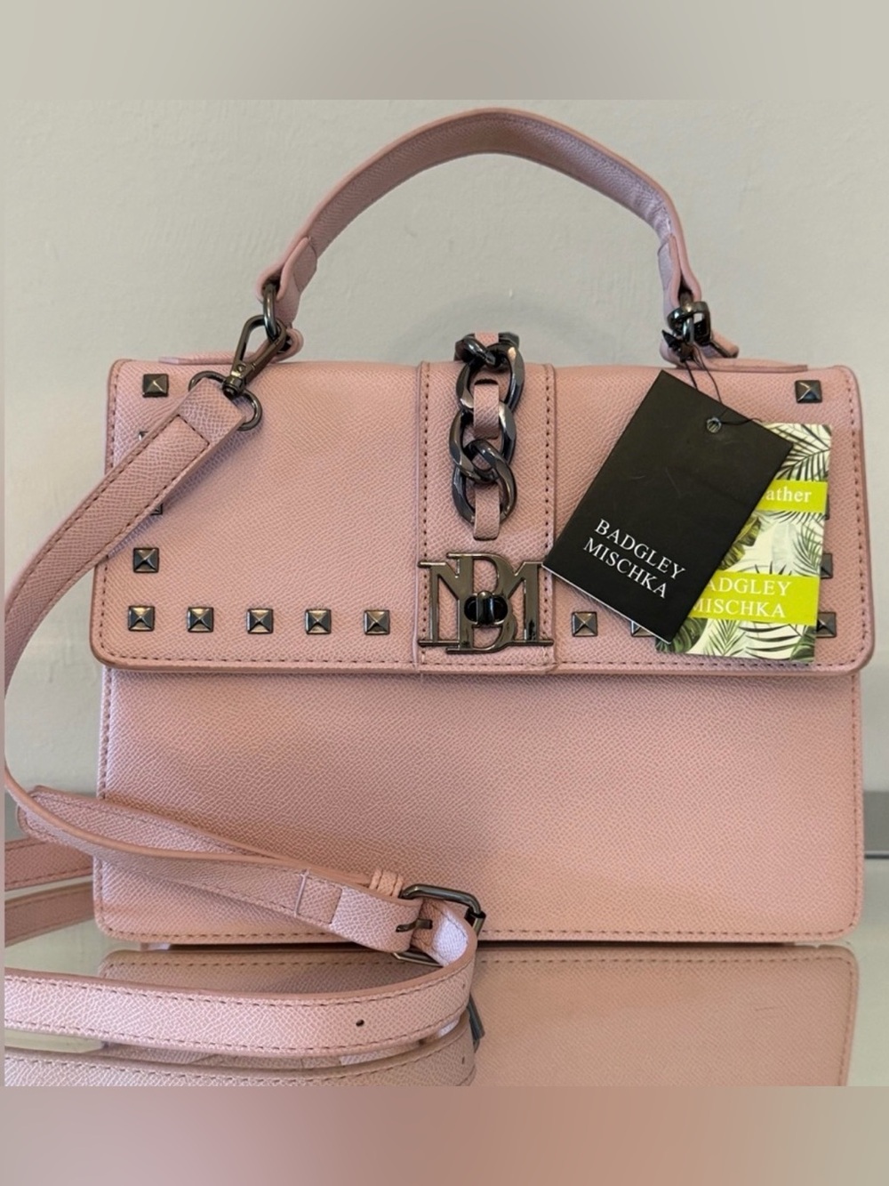 BADGLEY MISCHKA Blush Pink Studded Crossbody Bag with Chain and Logo Lock